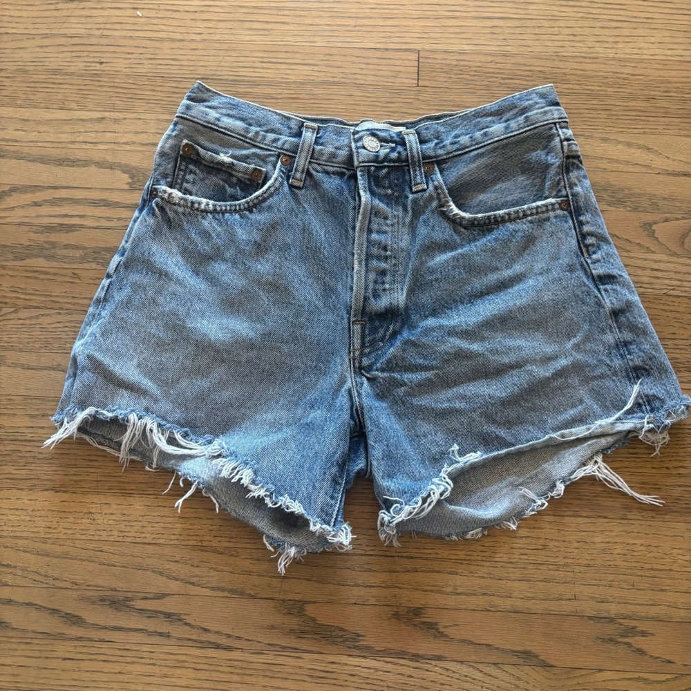 Agolde Light Blue Distressed Denim Jean Shorts